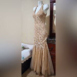 Let's Chico Low V-Neck Cream Gemmed Net Sleeveless Ruffled Trim Mermaid Dress